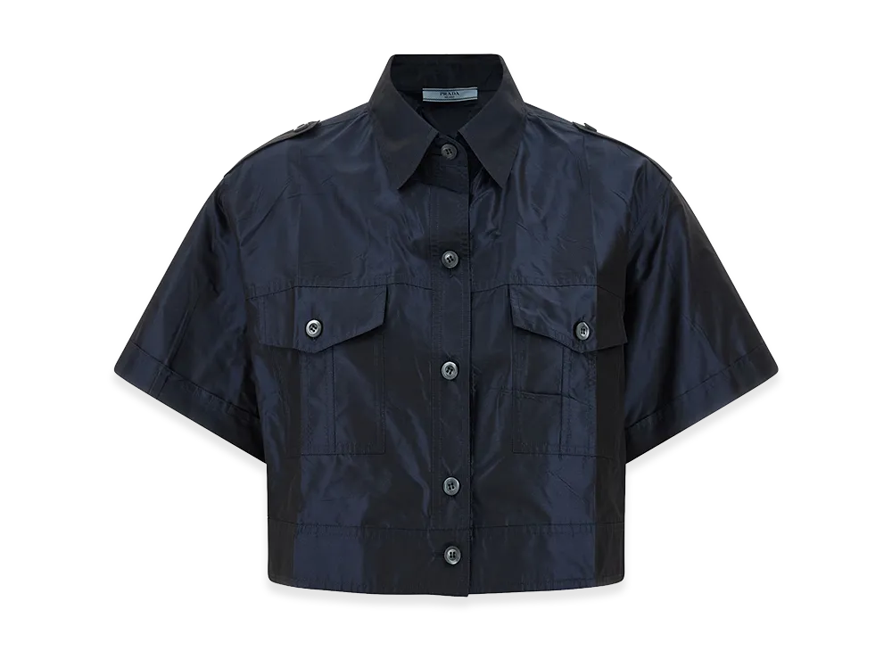PRADA Women's Cropped Taffeta Short Sleeve Shirt "Blue"