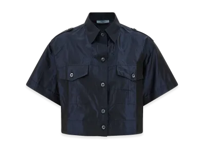 PRADA Women's Cropped Taffeta Short Sleeve Shirt "Blue"