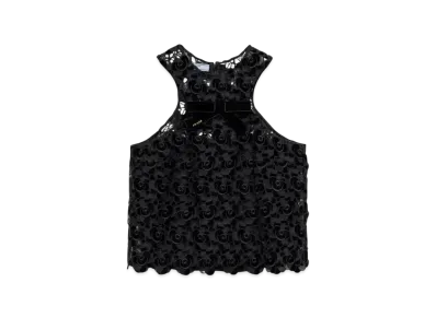 PRADA Women's Guipure Top with Camellia Embroidery "Black"