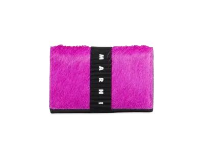 Marni Long-Hair Calfskin Trifold Wallet with Logo Strap "Fuchsia"