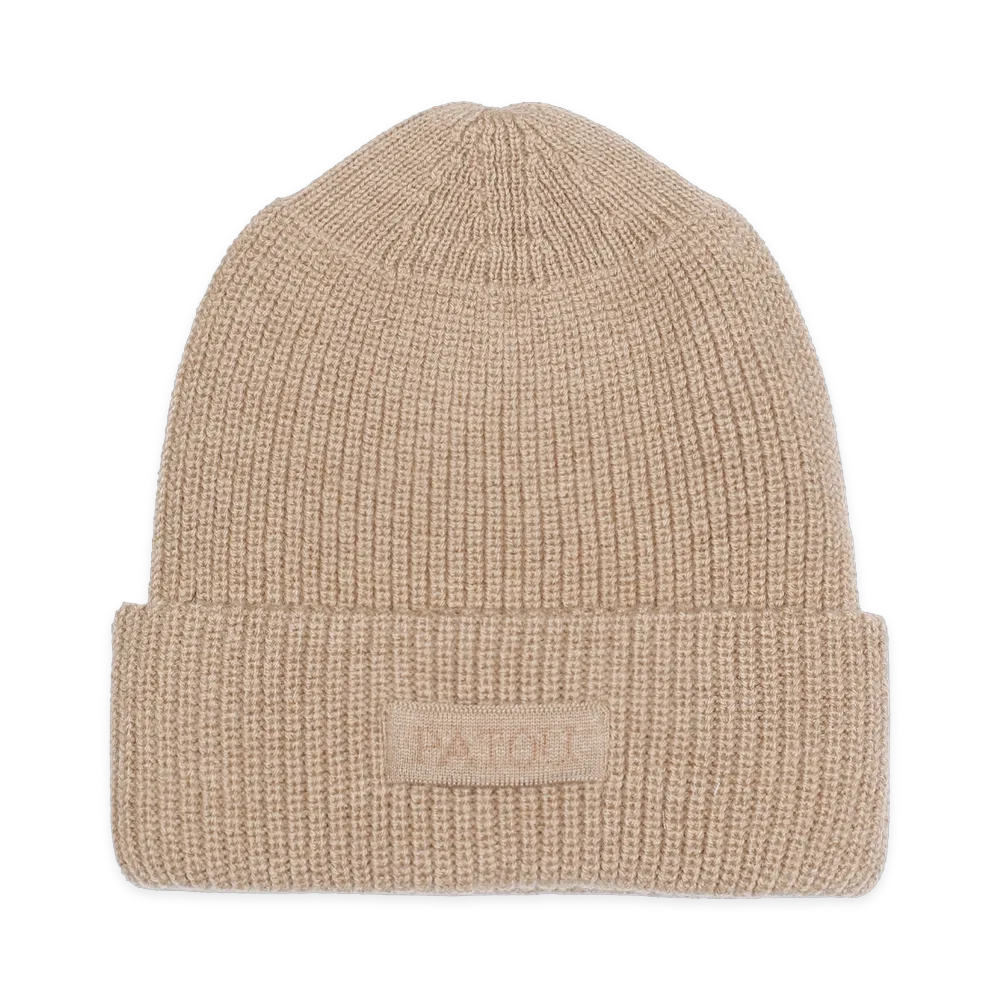 PATOU Biscuit Virgin Wool Knitted Ribbed Beanie Hat "Biscuit/Brown"