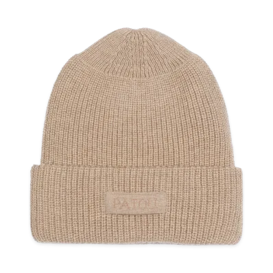 PATOU Biscuit Virgin Wool Knitted Ribbed Beanie Hat "Biscuit/Brown"