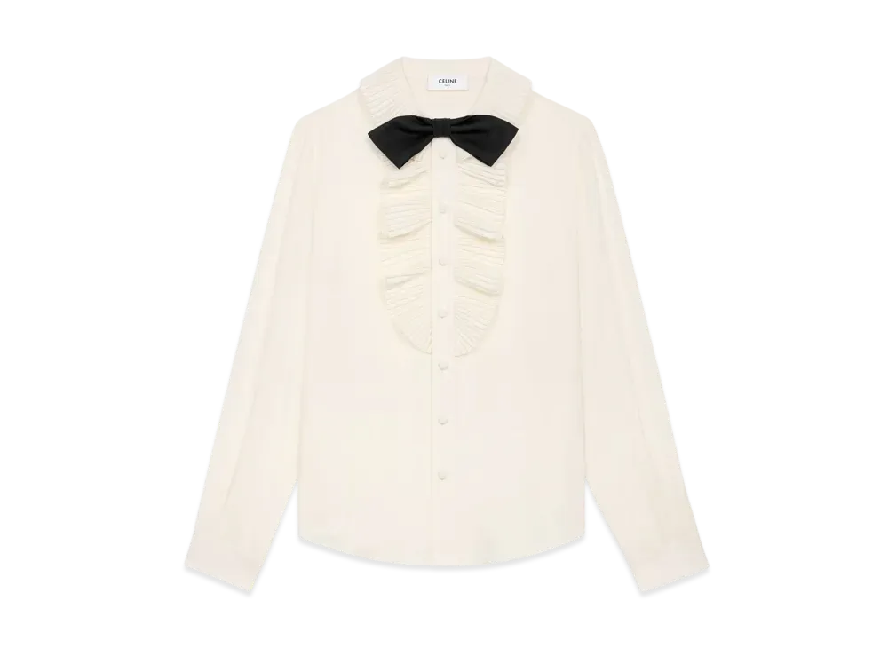 CELINE Women's Mia Shirt with Bow in Silk Crepe and Acetate "Ivory"