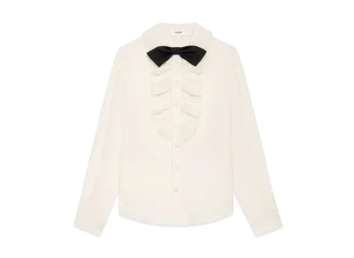 CELINE Women's Mia Shirt with Bow in Silk Crepe and Acetate "Ivory"