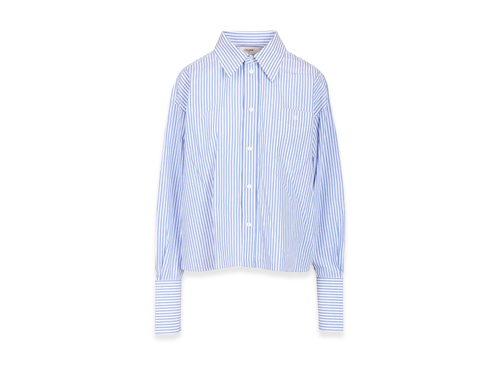 CELINE Women's Cropped Shirt Striped Cotton Poplin "Light Blue"