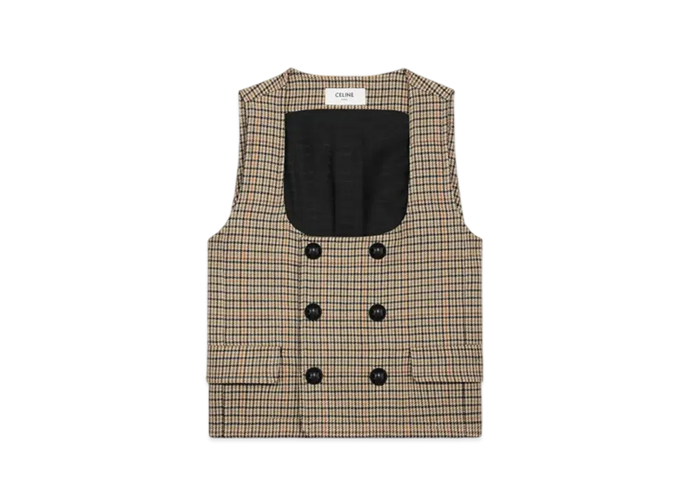CELINE Women's Double-Breasted Vest in Houndstooth Wool "Ivoire/Camel/Noir"