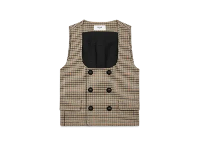 CELINE Women's Double-Breasted Vest in Houndstooth Wool "Ivoire/Camel/Noir"
