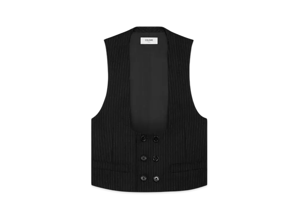 CELINE Women's Double-Breasted Vest in Striped Wool Flannel "Noir/Craie"