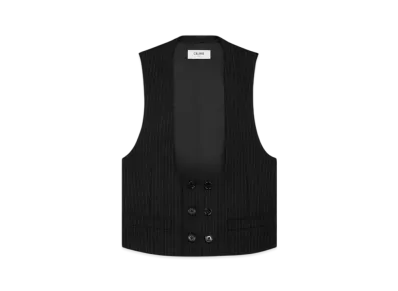 CELINE Women's Double-Breasted Vest in Striped Wool Flannel "Noir/Craie"