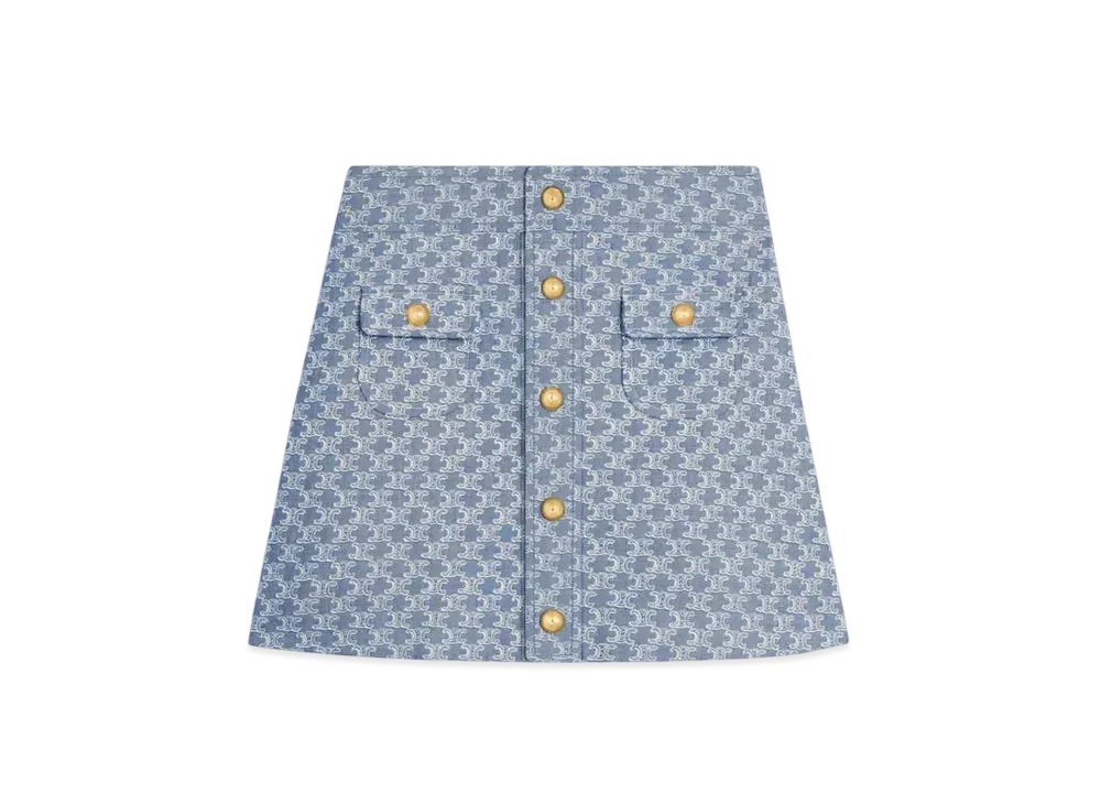 CELINE Women's Mini Skirt in Monogram Chambray Cotton "Blue Denim"