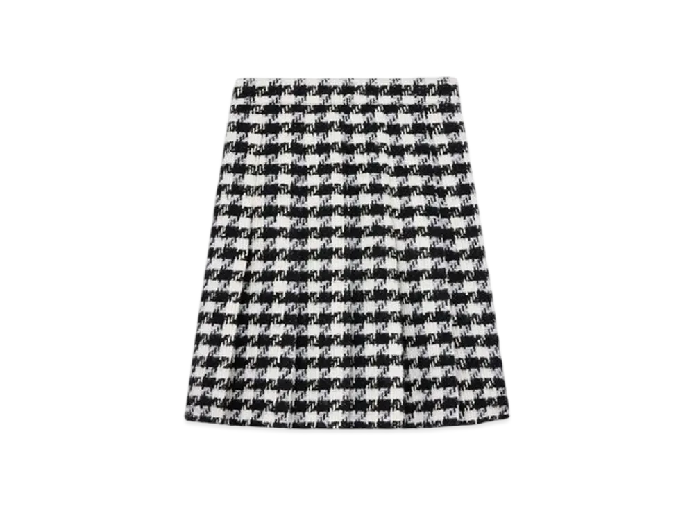 CELINE Women's Pleated Skirt in Houndstooth Wool Natte "White/Ivory/Black"