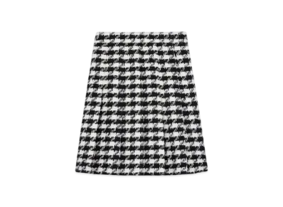 CELINE Women's Pleated Skirt in Houndstooth Wool Natte "White/Ivory/Black"
