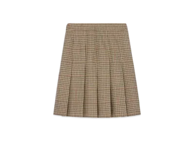 CELINE Women's Pleated Skirt in Houndstooth Wool "Ivoire/Camel/Noir"