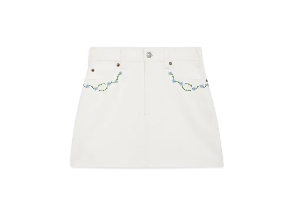 CELINE Women's Embroidered Mini Skirt in Raw Wash Denim "Raw Wash/White"