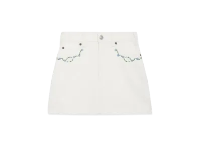 CELINE Women's Embroidered Mini Skirt in Raw Wash Denim "Raw Wash/White"