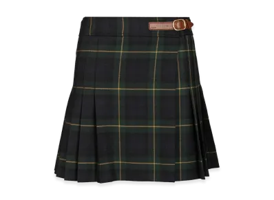 CELINE Women's Mini Jupe Kilt Detail Cuir Tartan Wool Gabardine "Multicolor"