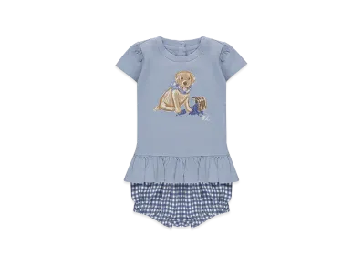 Ralph Lauren Kids Dog Print Cotton T-Shirt And Gingham Bloomers "Blue"