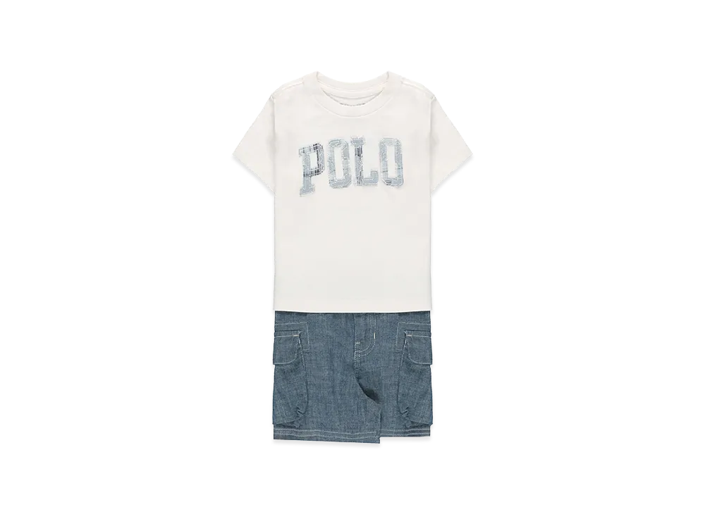 Ralph Lauren Kids Logo Cotton T-Shirt and Chambray Cargo Shorts "White"