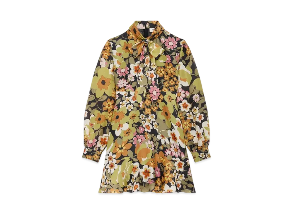 CELINE Women's Skater Mini Dress in Silk Organza "Black/Khaki/Mordore"