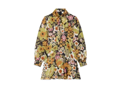 CELINE Women's Skater Mini Dress in Silk Organza "Black/Khaki/Mordore"