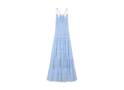 CELINE Women's Embroidered Long Dress in Cotton Silk Crepon "Bleu Ciel"