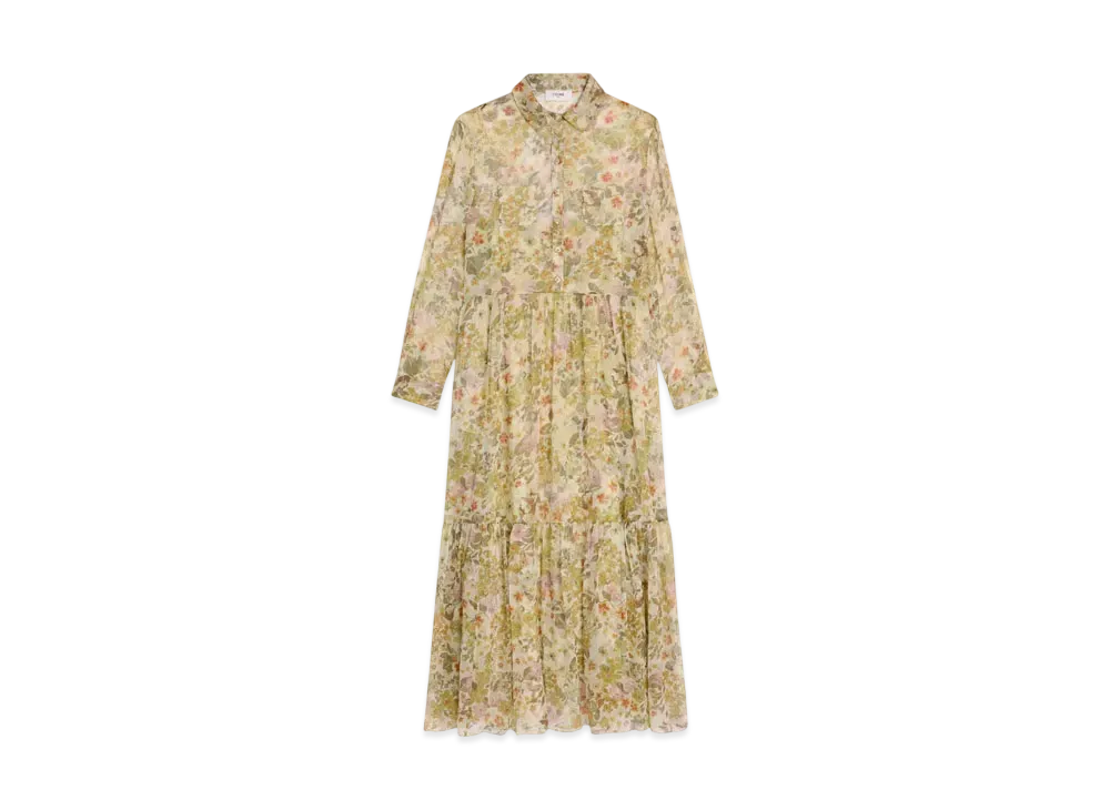 CELINE Women's Long Shirt Dress in Silk Crepon "Creme/Multicolore"