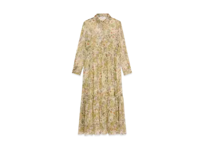 CELINE Women's Long Shirt Dress in Silk Crepon "Creme/Multicolore"