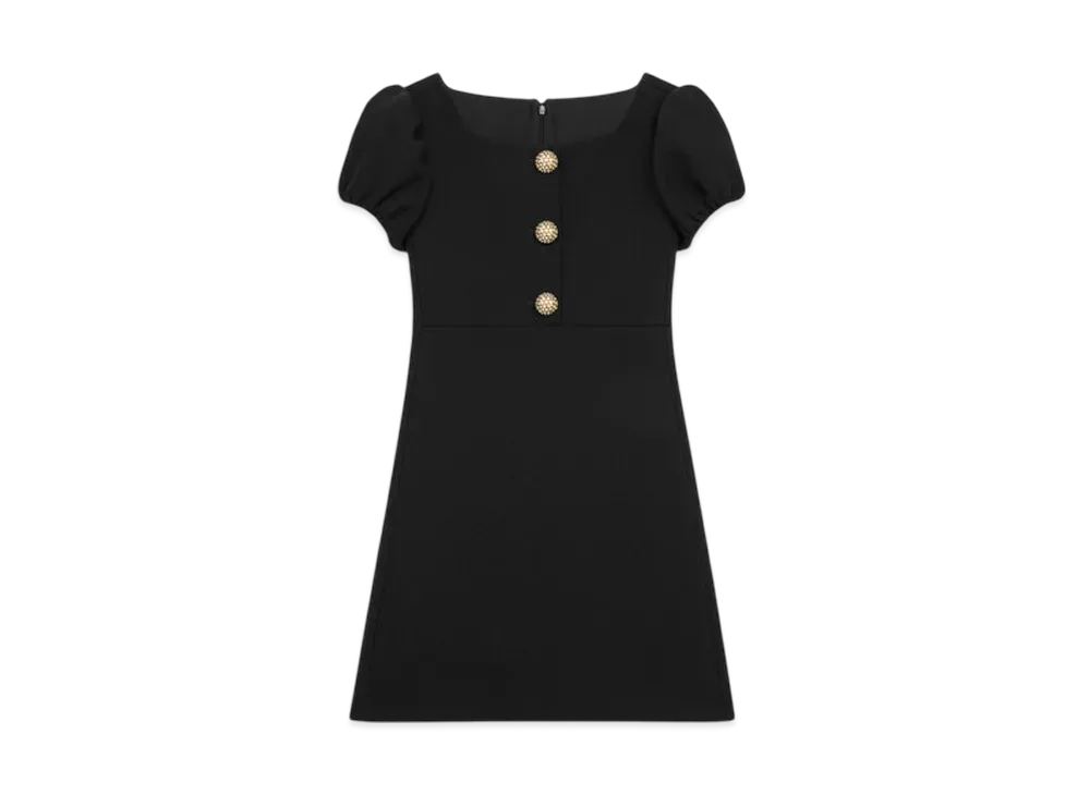CELINE Women's Mini Dress with Jeweled Buttons in Wool Pique "Black"