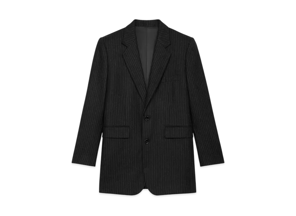 CELINE Women's Francoise Jacket in Striped Wool Flannel "Noir/Craie"