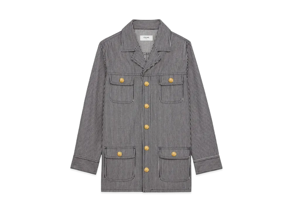 CELINE Women's Safari Jacket in Hickory Striped Cotton "Raw Wash"