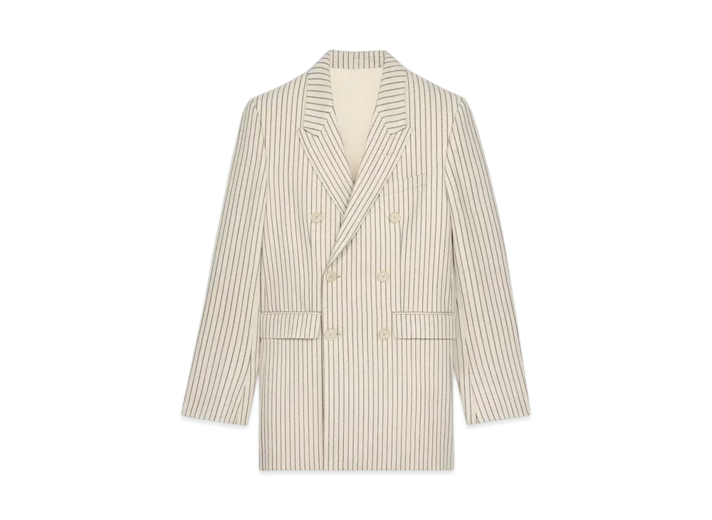 CELINE Men's Camden Jacket in Striped Wool Gabardine "Vanille/Noir"