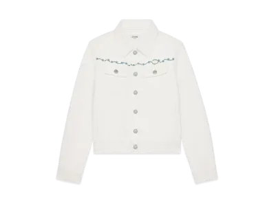 CELINE Women's Embroidered Trucker Jacket in Raw Wash Denim "Raw Wash/White"