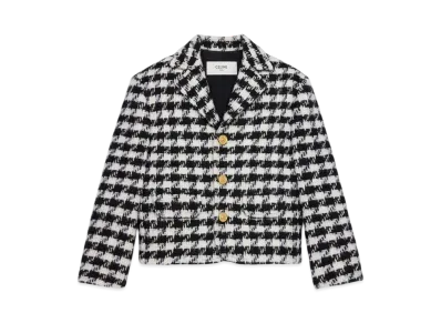 CELINE Women's Garance Jacket in Houndstooth Wool Natte "White/Ivory/Black"