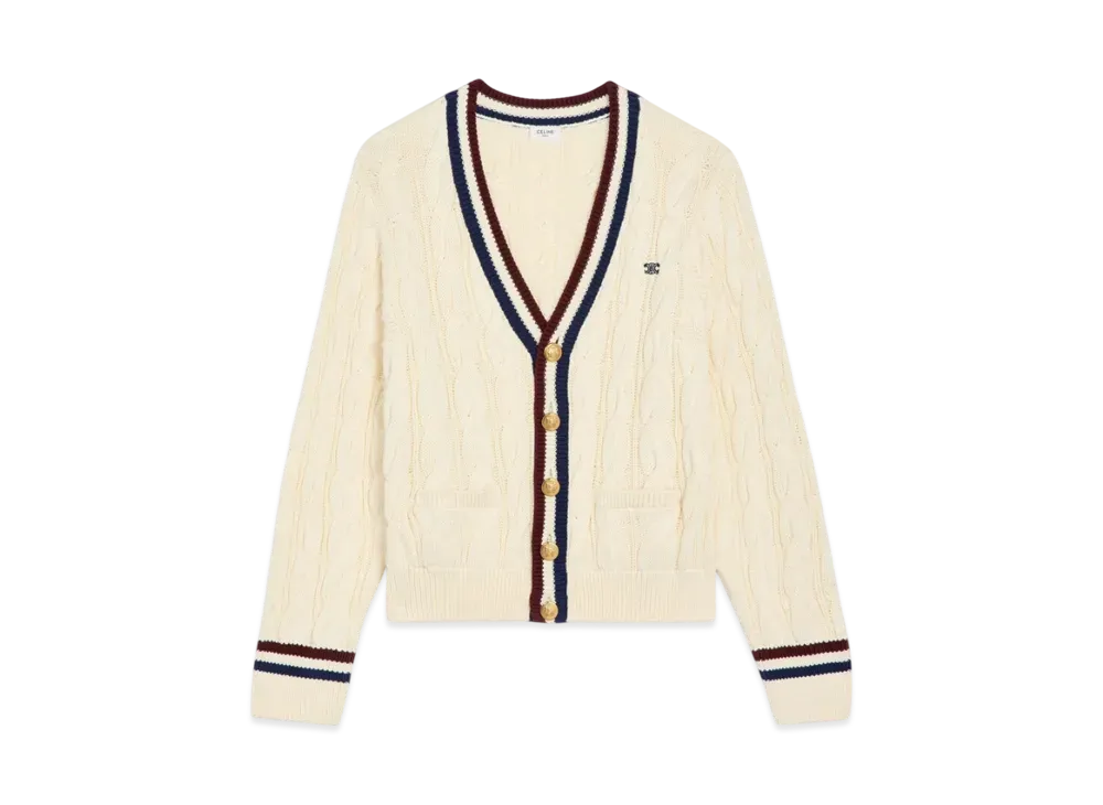 CELINE Men's Cable-Knit Triomphe Cardigan in Cotton "Ecru/Burgundy/Navy"