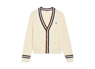 CELINE Men's Cable-Knit Triomphe Cardigan in Cotton "Ecru/Burgundy/Navy"