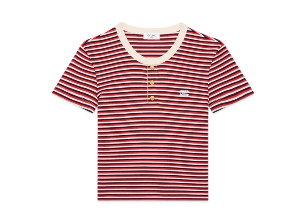CELINE Women's Triomphe T-Shirt in Striped Jersey "Navy/Red/Off White"