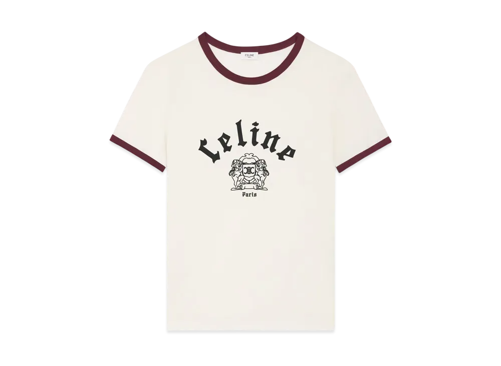 CELINE Men's Blason Regular T-Shirt in Cotton Jersey "Washed White/Bordeaux Cete/Bla"