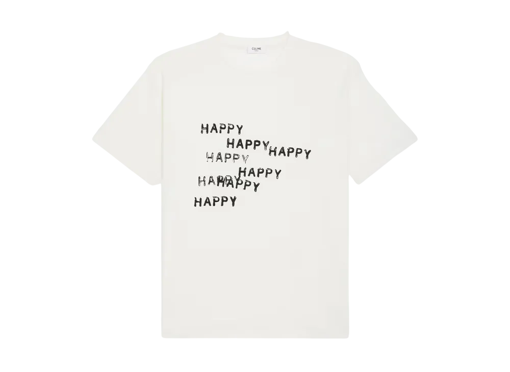 セリーヌ メンズ ハッピー ハッピープリント入り ルーズTシャツ / コットンジャージー "ダーティホワイト/ブラック" RX06F671Q.01QF