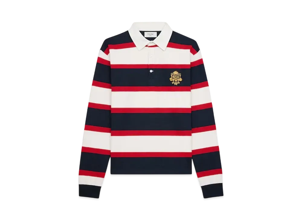 CELINE Men's Blason Rugby Polo Shirt in Striped Jersey "Dirty White/Navy/Red"