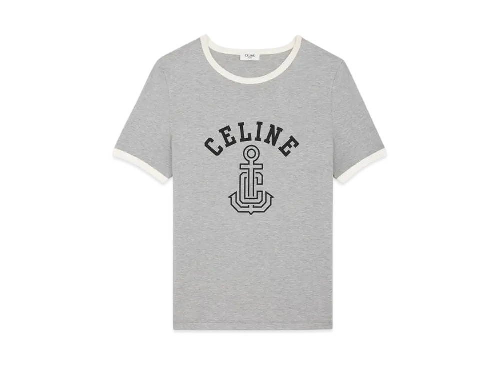 CELINE Women's Anchor 70's T-Shirt in Cotton Jersey "Grey Melange/Black/Cream"