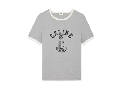CELINE Women's Anchor 70's T-Shirt in Cotton Jersey "Grey Melange/Black/Cream"