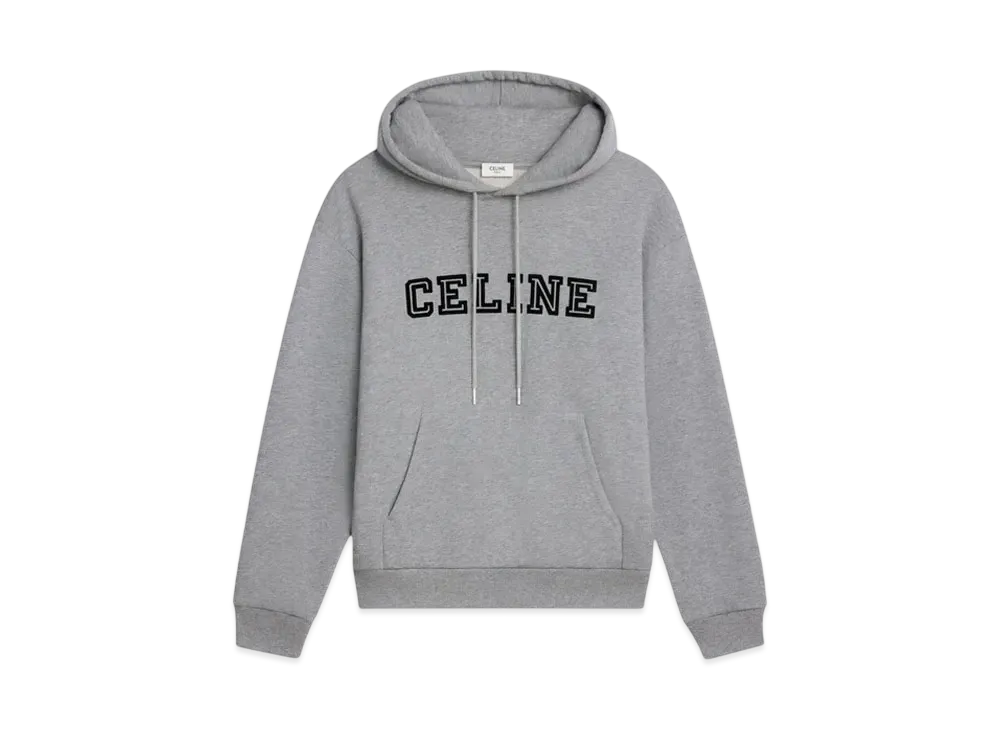 CELINE Men's Loose Hoodie in Cotton Fleece "Grey Melange/Black"