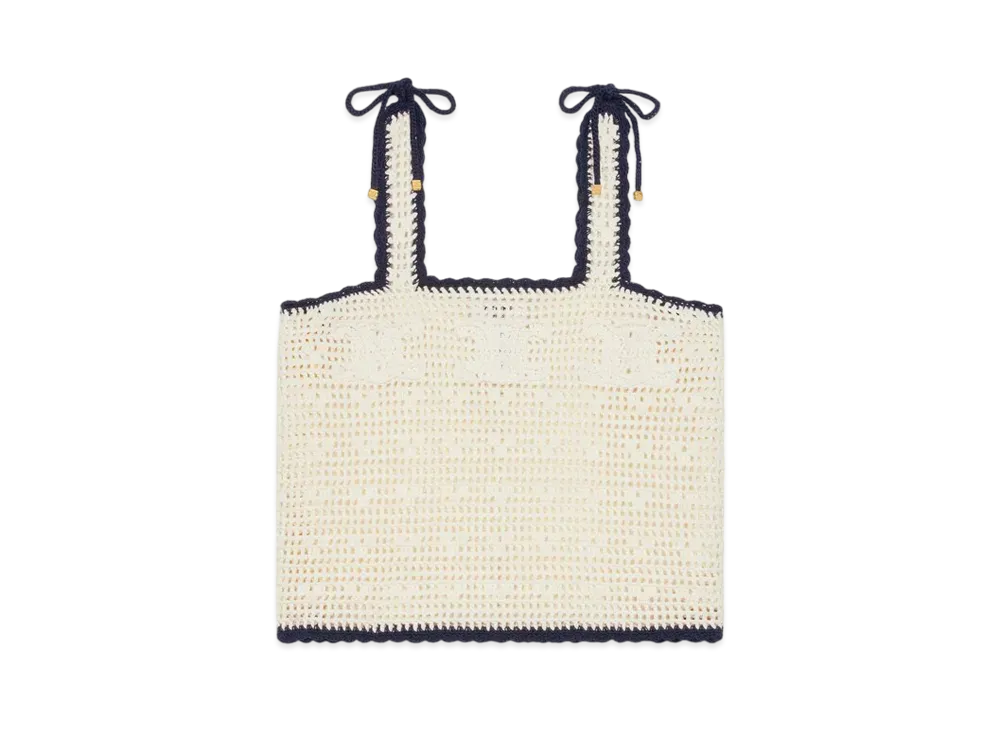 CELINE Women's Triomphe Crop Top in Crochetted Cotton "Off White"