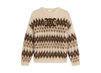 CELINE Women's Crew Neck Sweater in Fair Isle Mohair "Brown/Ecru"