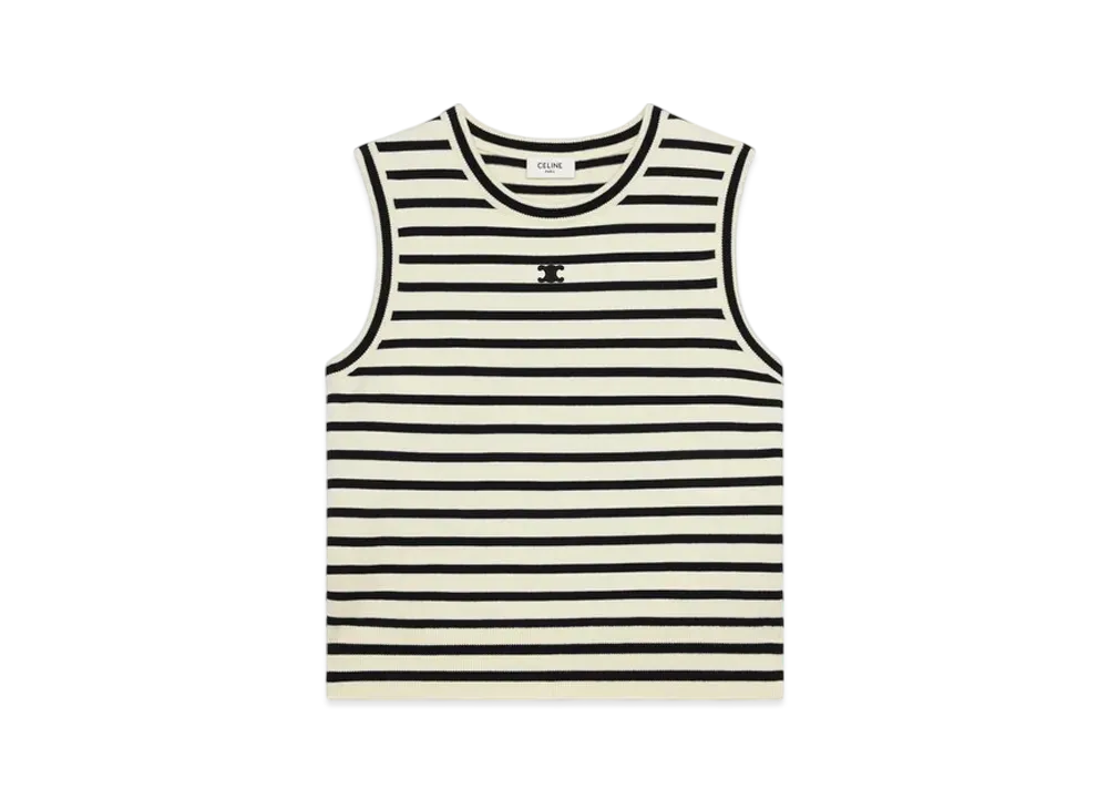 CELINE Women's Triomphe Sleeevess Mariniere Sweater in Wool "Ecru/Black"