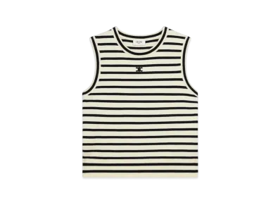 CELINE Women's Triomphe Sleeevess Mariniere Sweater in Wool "Ecru/Black"