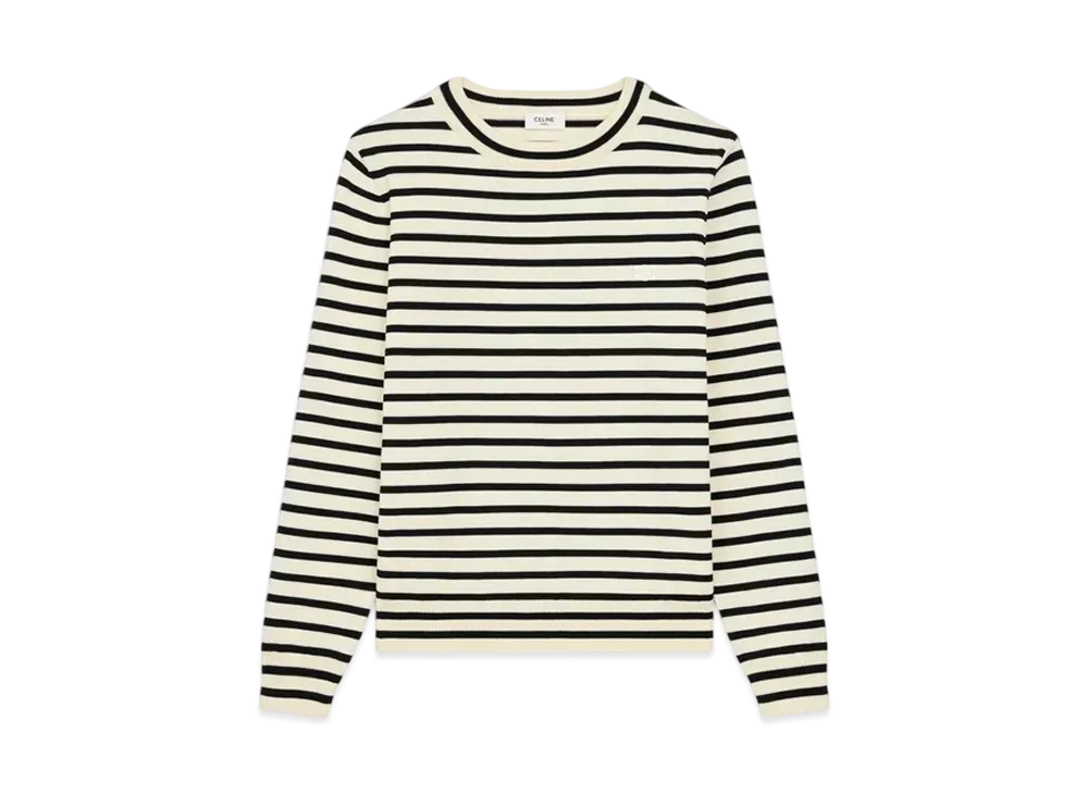 CELINE Men's Triomphe Crew Neck Marinere Sweater in Wool "Ecru/Black"