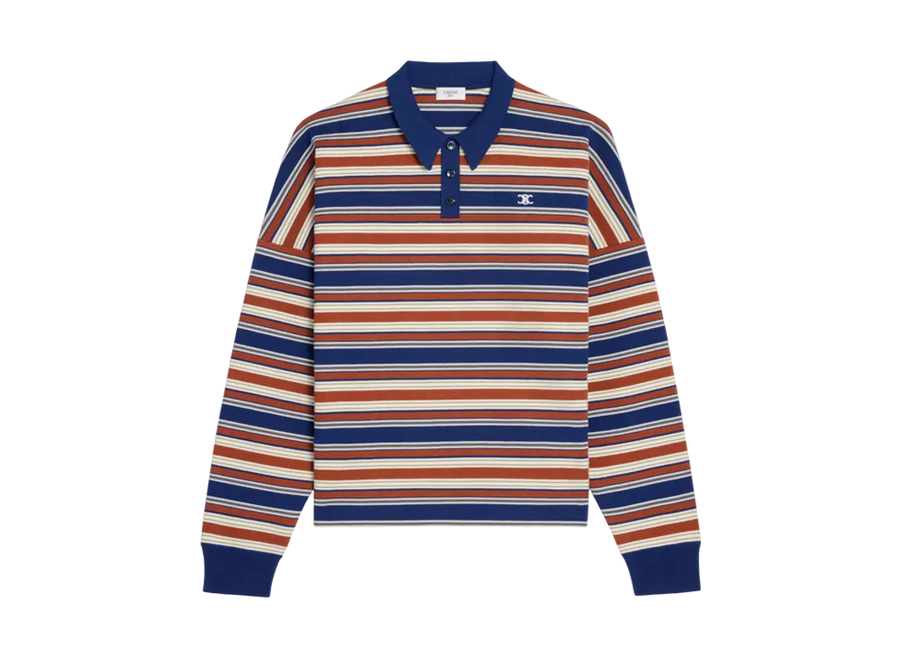 CELINE Men's Triomphe Loose Polo in Striped Cotton "Navy/Orange/Ecru"