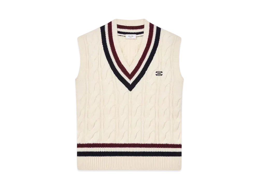 CELINE Men's Triomphe V-Neck Cable-Knit in Cashmere "Ecru/Burgundy/Navy"