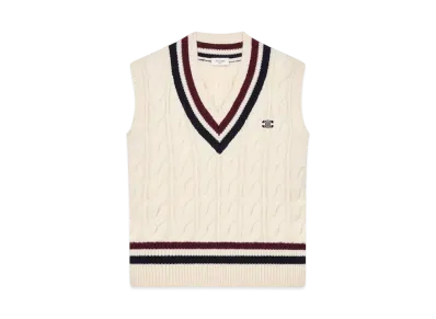 CELINE Men's Triomphe V-Neck Cable-Knit in Cashmere "Ecru/Burgundy/Navy"